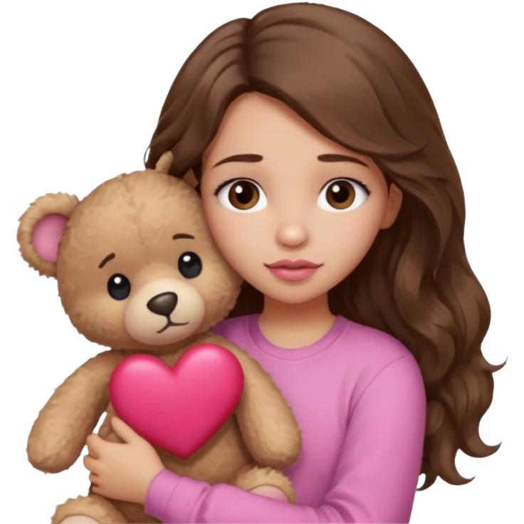 girl with long wavy brown hair, brown eyes, light to medium complexion, in a pink shirt, pink lips, long lashes, sad, hugging a teddy bear with a  heart emoji