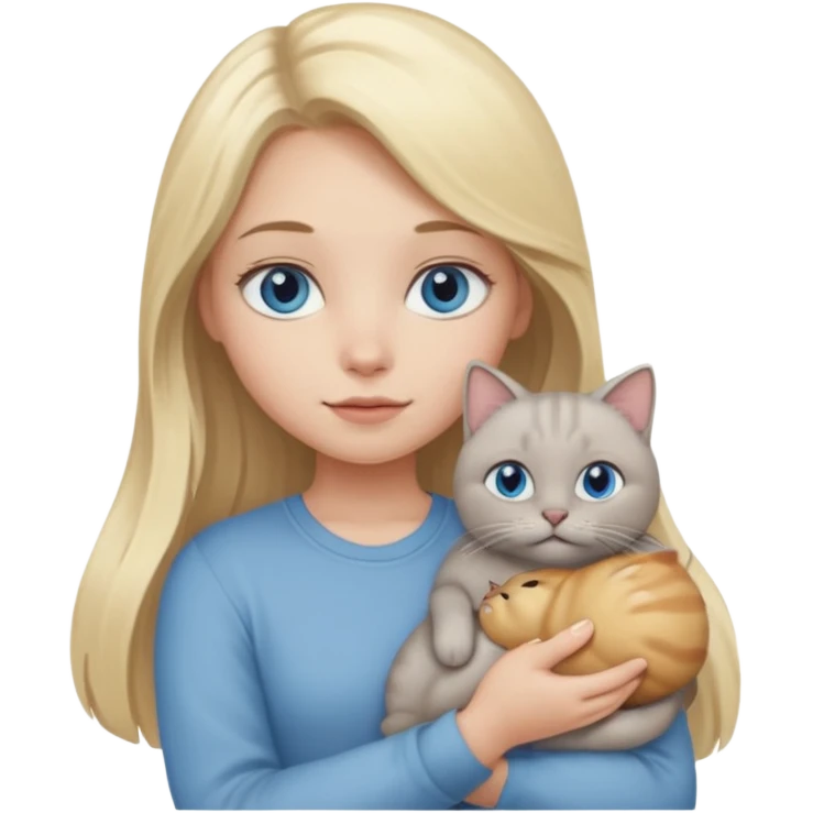 blonde girl with long blonde hair and blue eyes with chubby gray cat emoji