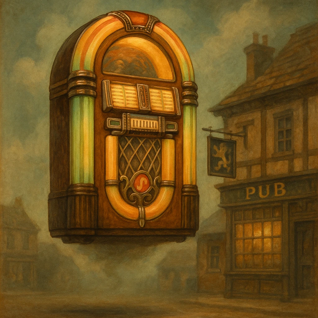 A vintage jukebox floating in the air, whimsical and slightly surreal, traditional English pub theme emoji