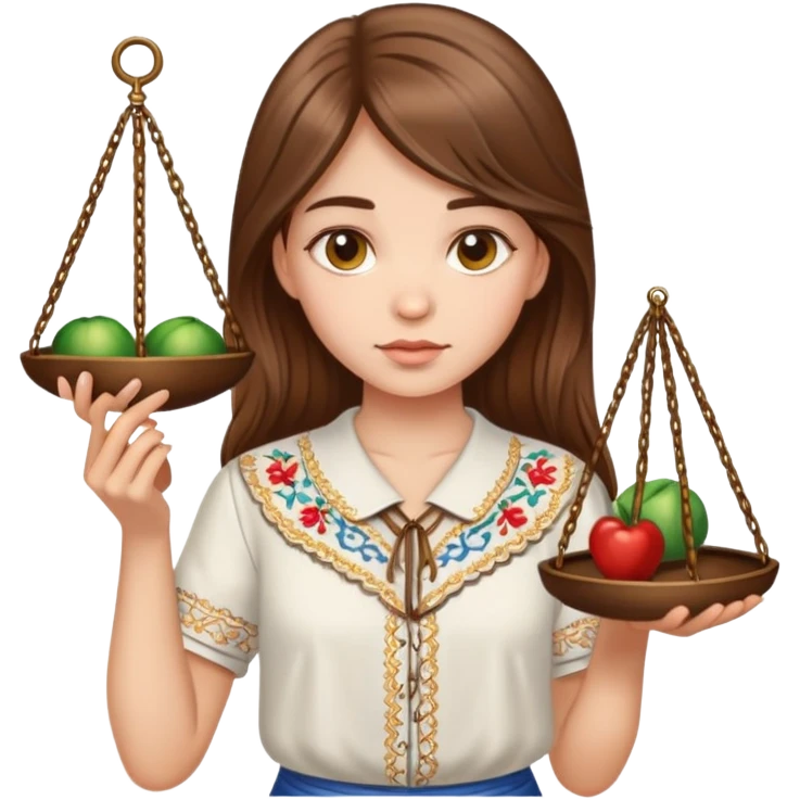 A Ukrainian girl with brown hair in an embroidered shirt holds the scales of truth in her hand emoji