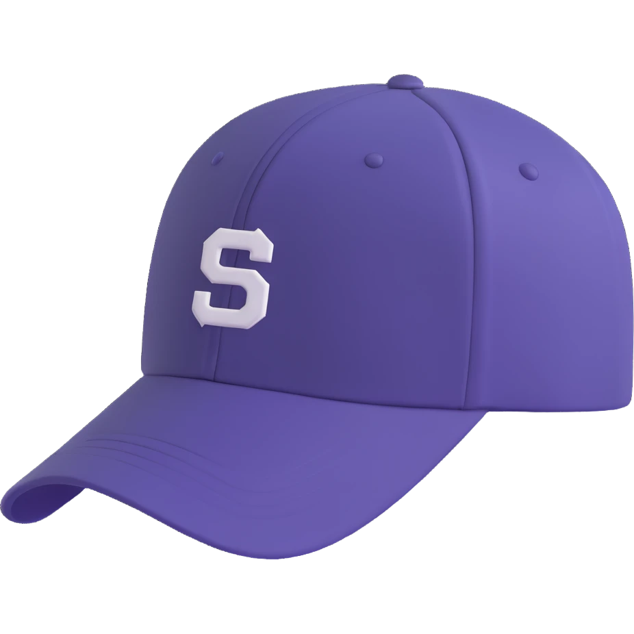 A baseball cap in a three-dimensional cartoon style, viewed from the bottom, on a white background. The image should be a 3D rendering with high resolution and bright colors. Use a perspective composition with high saturation and prominent details. Create a floating effect and a lively atmosphere. emoji