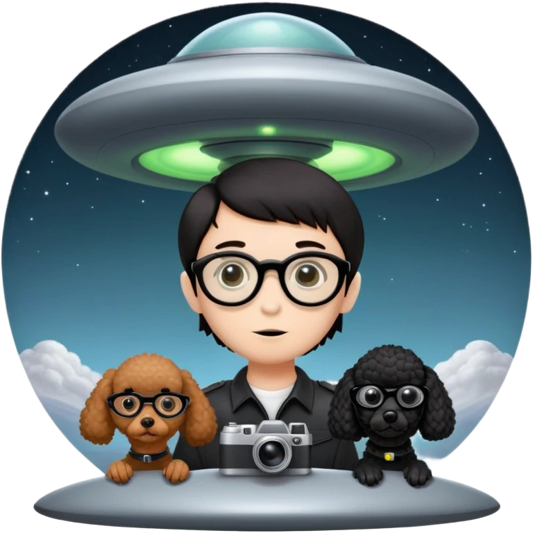 A little boy with straight black medium-length hair, white skin, and black eyes wearing black-framed glasses is taking photos on a UFO with a camera. Beside him, there is an alien and a brown round-headed poodle. emoji