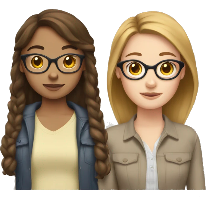 Two white girls with brown hair, one has glasses and is tanner than the other emoji
