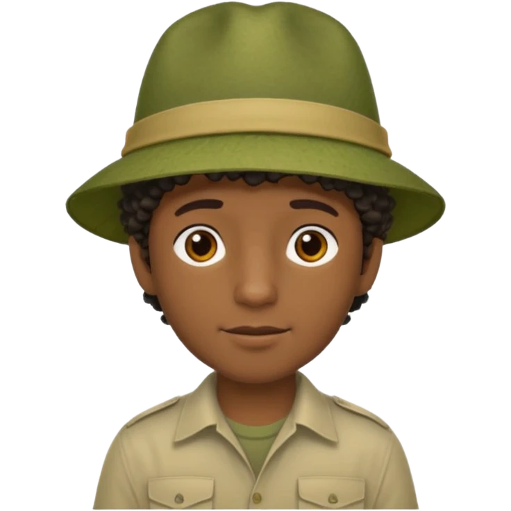 A dark colored man in a jungle with little curly hair on his head under hit jungle hat emoji