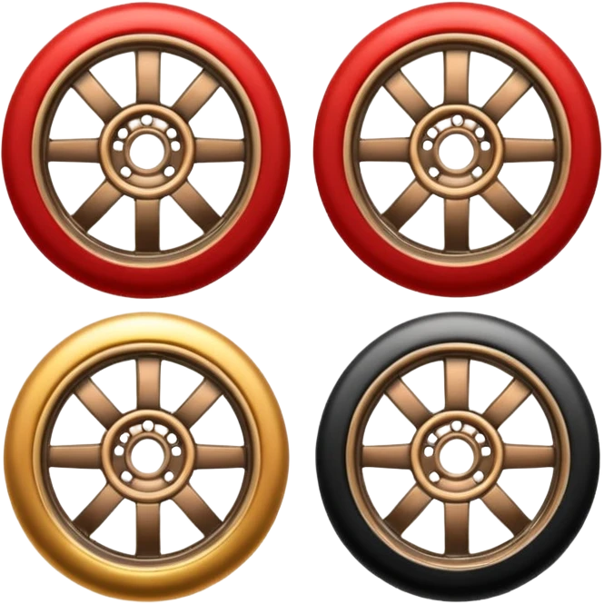 Emoji-style car membership badges: silver wheel, bronze exhaust, red rims, black spoiler, gold wheel — in progression." emoji