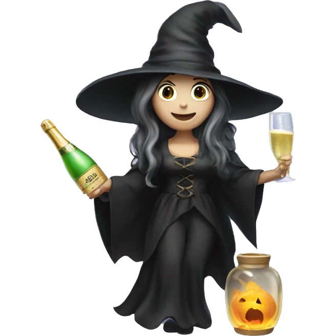 Witch, white skin, long hair, Popping Champagne Bottle emoji