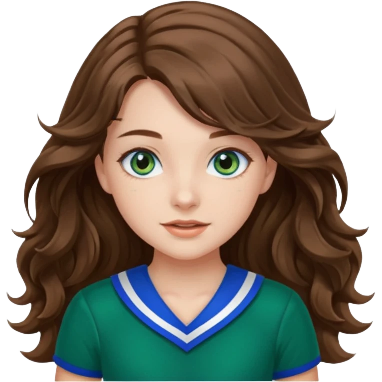 A pretty girl has blue eyes, her hair is brown long wavy hair, and wear green Hawkins cheerleader uniform emoji