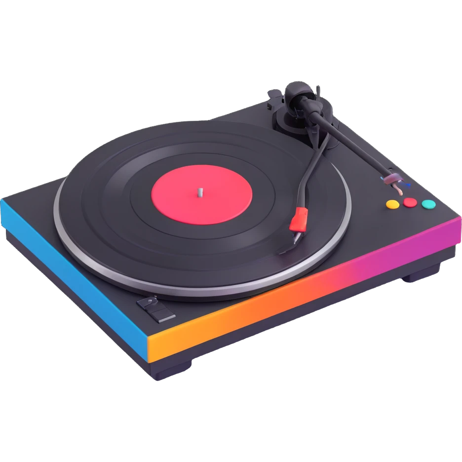 Propose a black Technics turntable in Pixar 3D style, with a matte finish and bold, colorful buttons for contrast, keeping the playful 3D animated Pixar style. emoji