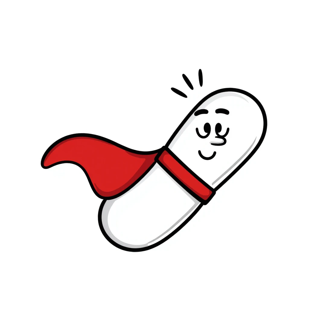Sketchy medicine pill with cape flying like a superhero emoji