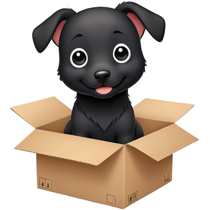  A very cute gery young happy black dog with one's head tilted to one side poked its paws out of the cardboard big box and placed them on top of it emoji