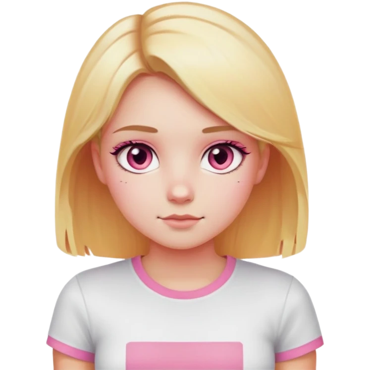 A girl with blonde hair that is light pink at the bottom and black at the other half and orange at the bottom, dark pink eyes, pink cheeks, and wearing a tight white T-shirt emoji