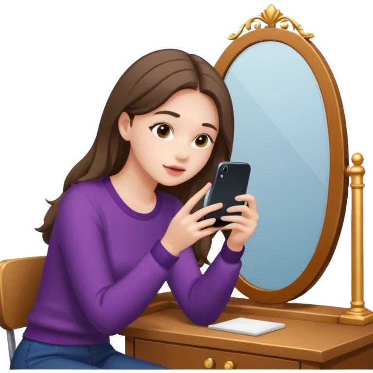 Girl sitting at vanity taking out picture with iphone 15 plus and study materials on the vanity emoji