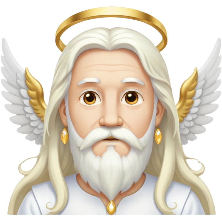 Wise deity with white angel wings, long white hair, beard and mustache, wearing gold drop earrings, heavenly appearance emoji