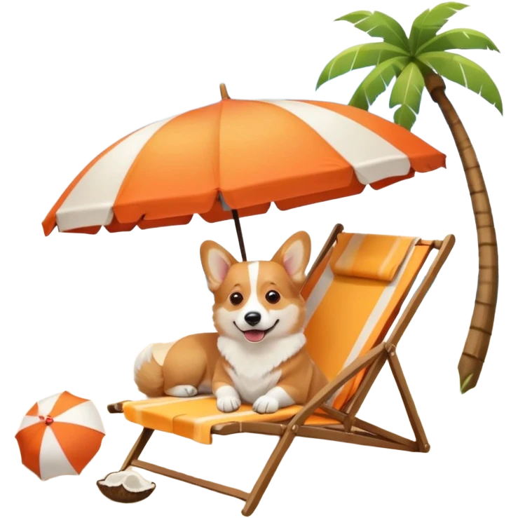 a corgi dog laied on a beach chair, a sunny beach, a sun umbrella, and beach coconut trees. the icon should capture the essence of a relaxing beach vacation with a carefree atmosphere emoji