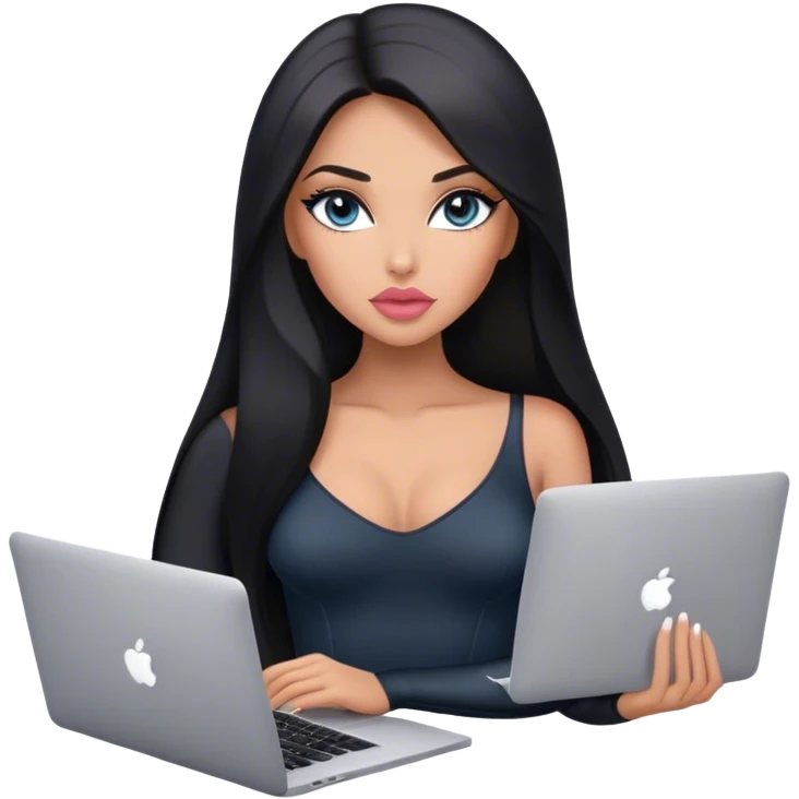 Glamours, tanned, very beautiful girl, with big pump peach-beige-rose lips, black straight smooth silky long hair, straight parting, blue-grey eyes, in black bodysuit holding MacBook emoji
