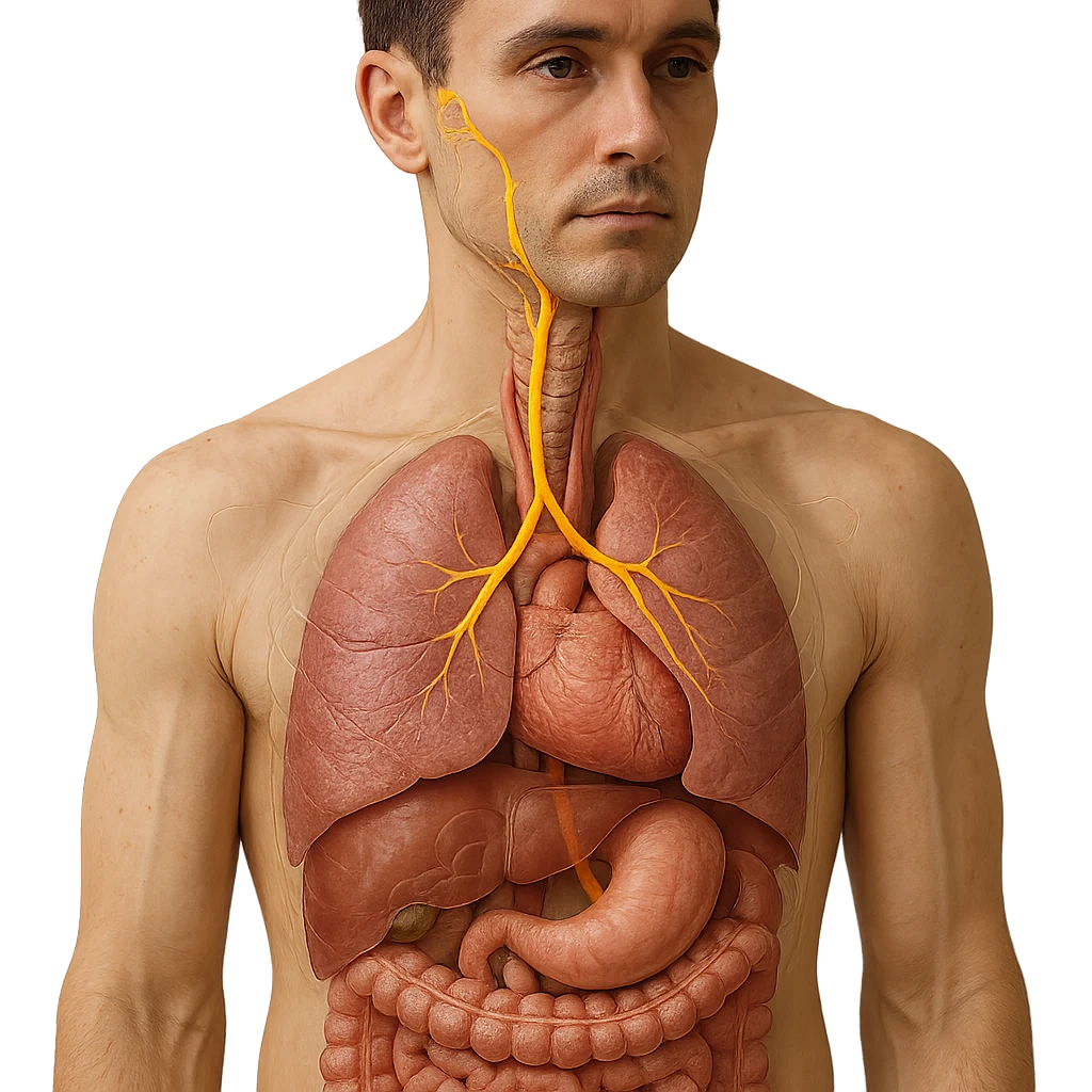 vagus nerve highlighted on human body, 4K realistic image, precise anatomical details, vagus nerve path clearly visible from skull to main organs, natural colors, transparency effect showing internal organs, clinical atmosphere, neutral background emoji