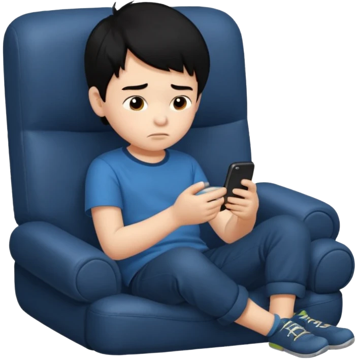 un niño de entre 3 - 10 años jugando con su celular, cansado y sentado en una habitacion apagada, el niño tiene piel blanca y cabello negro (hombre)

 emoji