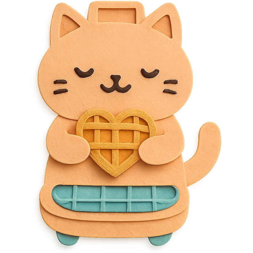 chibi waffle maker-cat hybrid holding heart-shaped waffles, pastel orange, full-body emoji