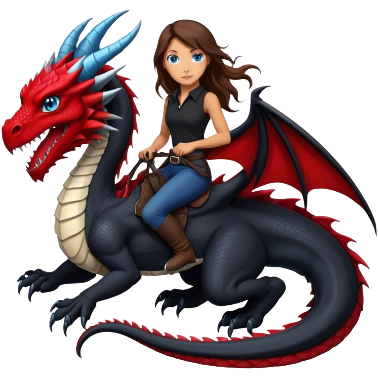 Me, a white female with long brown hair, and blue eyes, wearing black and red, and riding a very black wyvern dragon with hints of red, to your work emoji