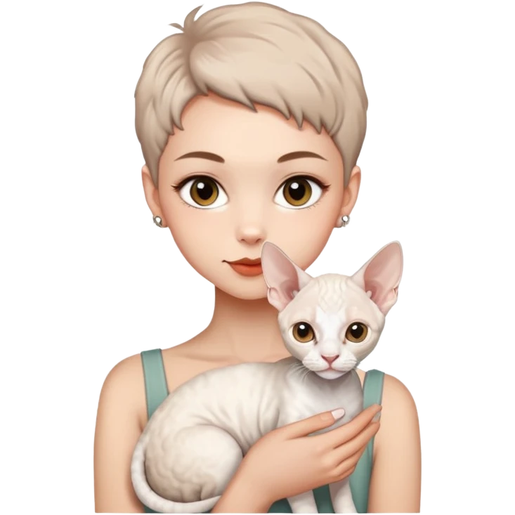 A handsome girl with short hair is holding a white Devon rex emoji