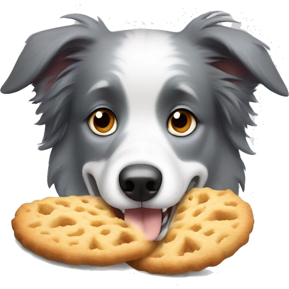 Light Grey border collie taking snacks and very guilty  emoji
