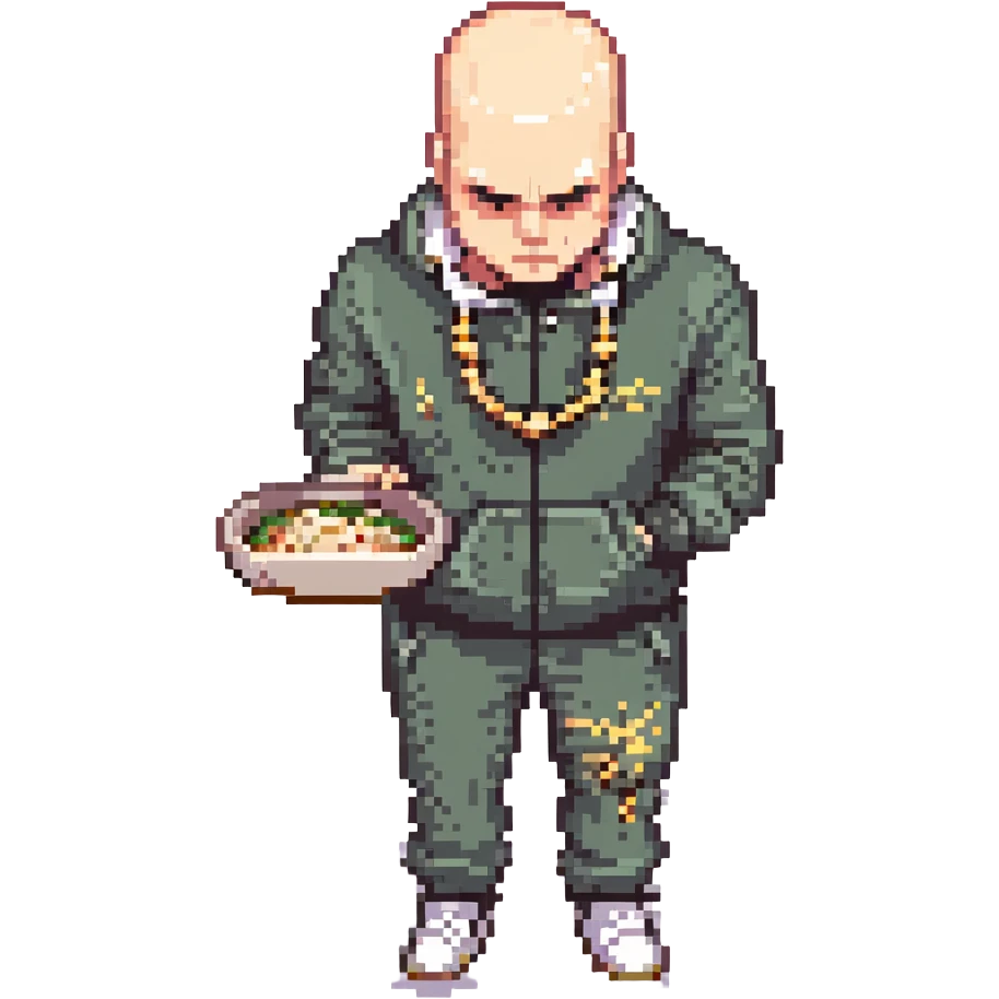 Pixel art thug in tracksuit, holding chain in Hand, bald head, angry expression, side view, retro arcade sprite 
Takes a plate of noodles in hand.  emoji