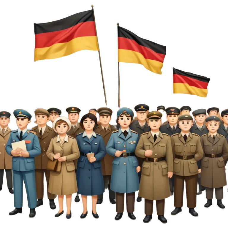 East German protest scene with people holding protest signs, DDR flag, Berlin Wall, subdued mood, 1950s emoji