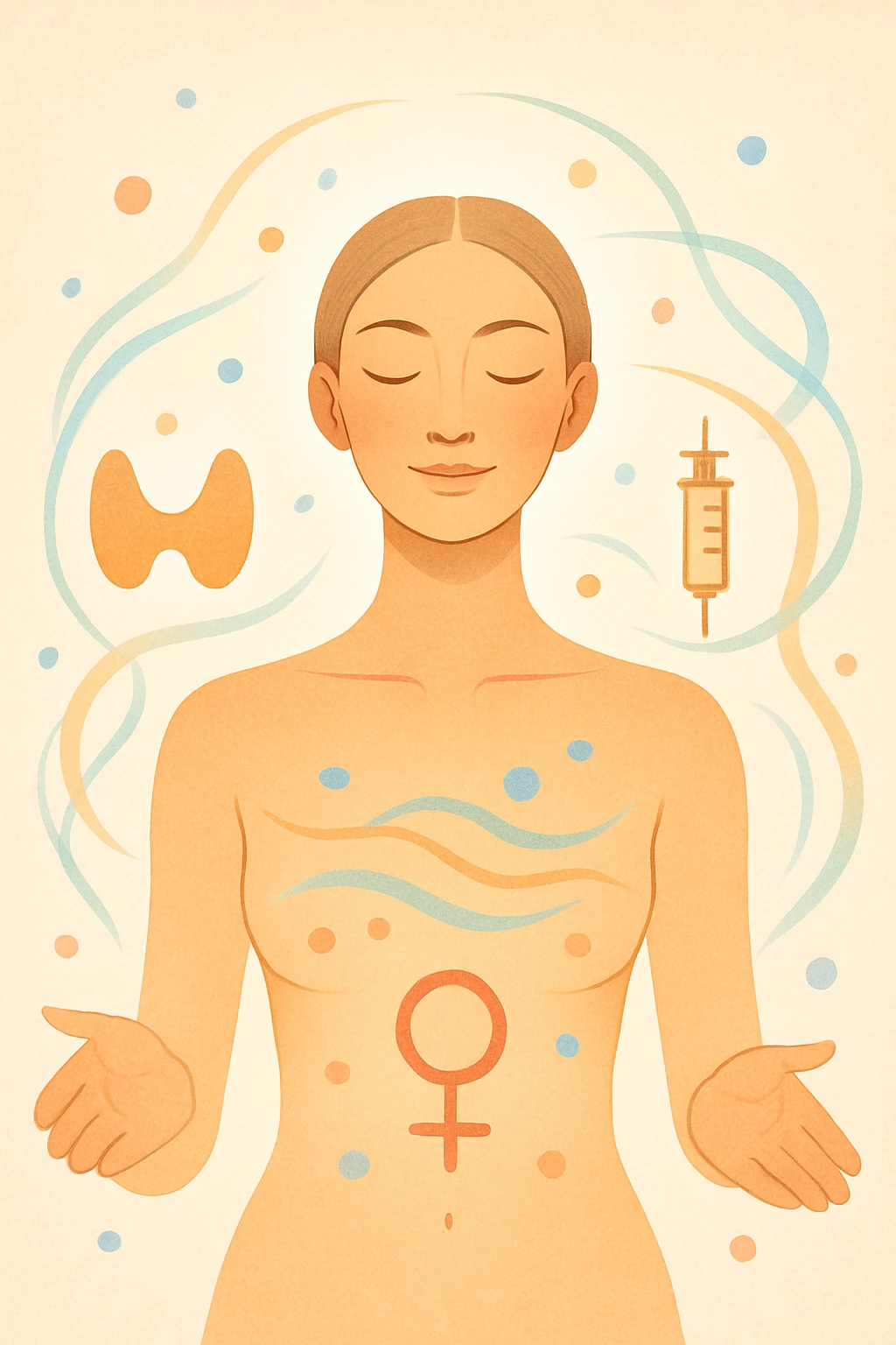  Il corpo è circondato da simboli delicati e bilanciati che rappresentano equilibrio ormonale e metabolico: piccoli cerchi, flussi energetici colorati, simboli stilizzati di tiroide, insulina, estrogeni. Pelle radiosa, postura aperta e rilassata. emoji