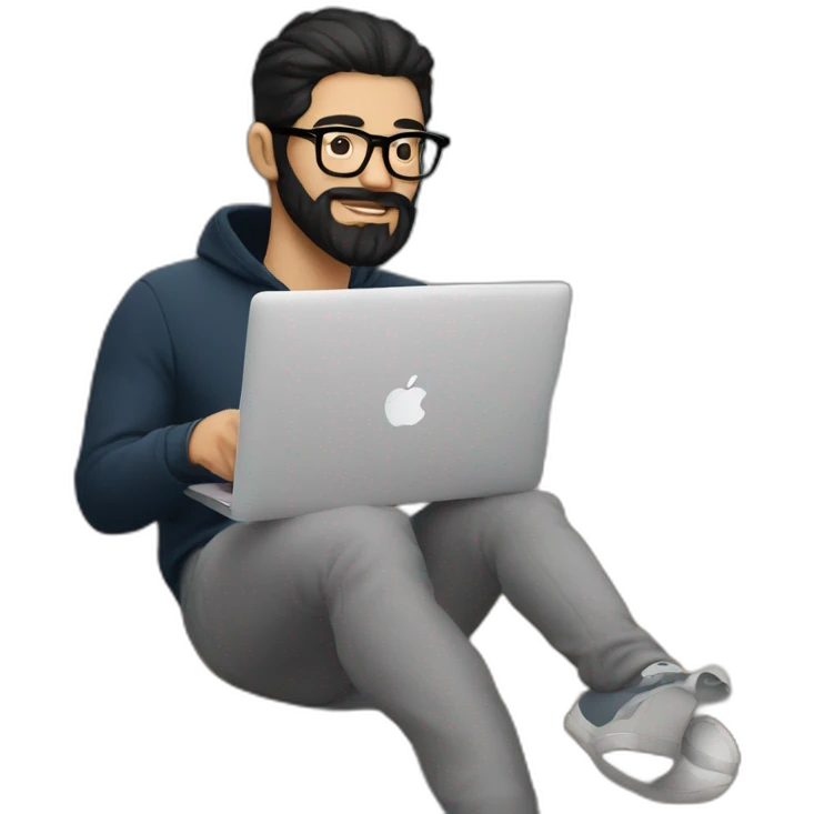 Designer with black hair, beard and glasses working with MacBook and drinking cappuccino  emoji