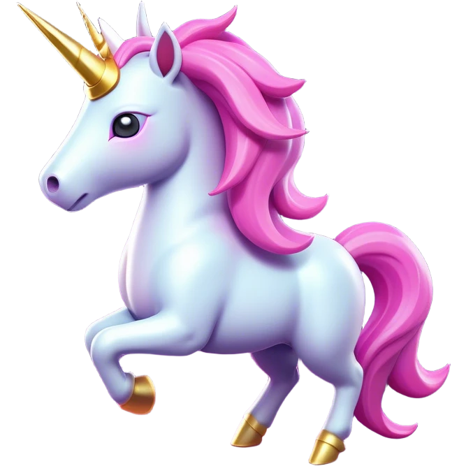 Clash of Clans aesthetic: Cinematic Playful Unicorn Mount Emoji, rendered in a 3D vector-style similar to standard emojis with minimal shading and bold, simplified shapes. A compact, isometric majestic unicorn with a spiraled horn and flowing mane, softly glowing with a magical celestial charm. Simplified yet unmistakably iconic, highly detailed and consistent, glowing with a soft radiant brilliance and high shine. Stylized with a touch of enchanted fantasy and a soft glowing outline, capturing the essence of a mythical mount with a friendly, playful elegance! emoji