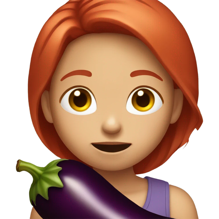 Red haired girl holding eggplant near mouth emoji