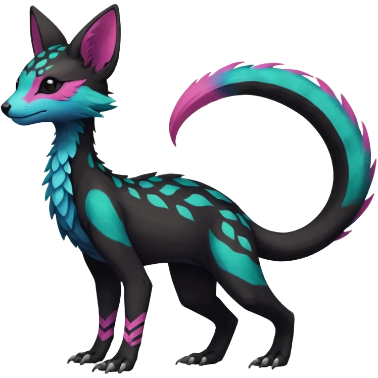Rare realistic dark edgy badass epic pretty beautiful handsome gorgeous aesthetic colorful vibrant Vernid-Trico-species-Fakemon-creature by LiLaiRa, 4 legs, 1 tail, random markings, (full body) emoji
