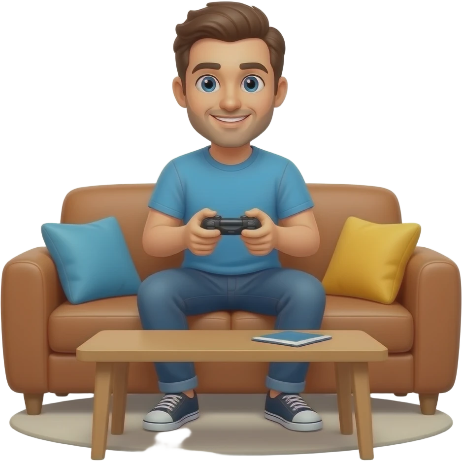 Man in home playing PlayStation emoji