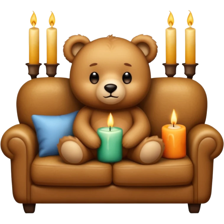 Cozy teddy bear watching tv on couch with candles on emoji