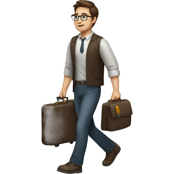 a man with brown hair and glasses walking with a suitcase emoji