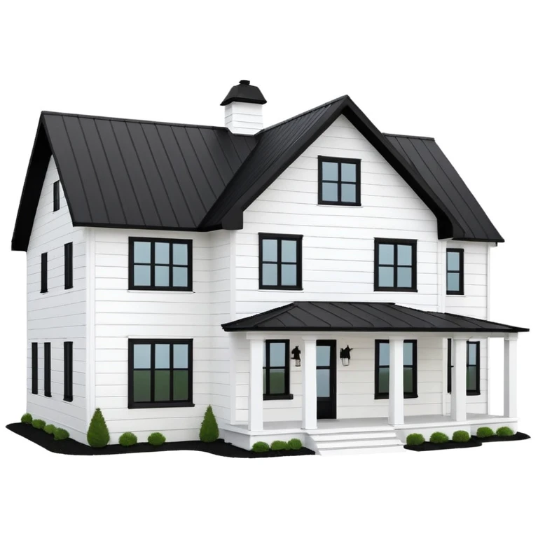 modern farmhouse with white siding, black roof and black trim, exterior view, 3d emoji