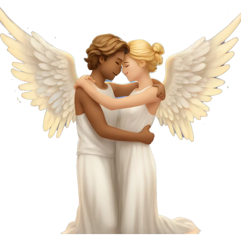  Create a heartwarming scene where wings of angels are gently embracing each other in a celestial hug emoji