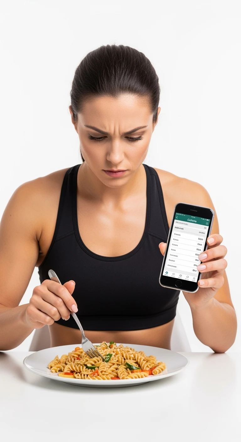 donna fitness che calcola ossessivamente le calorie di quello che sta mangiando: in mano ha un piatto di pasta e nell'altra mano ha lo smartphone per segnare tutti gli alimenti, sfondo bianco emoji