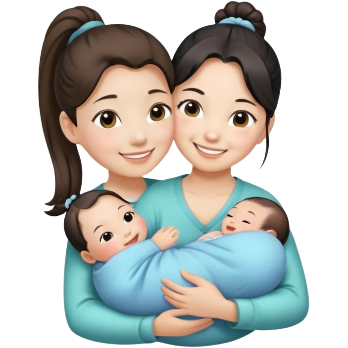 Ponytail chinese girl hugs a newborn baby and a girl emoji