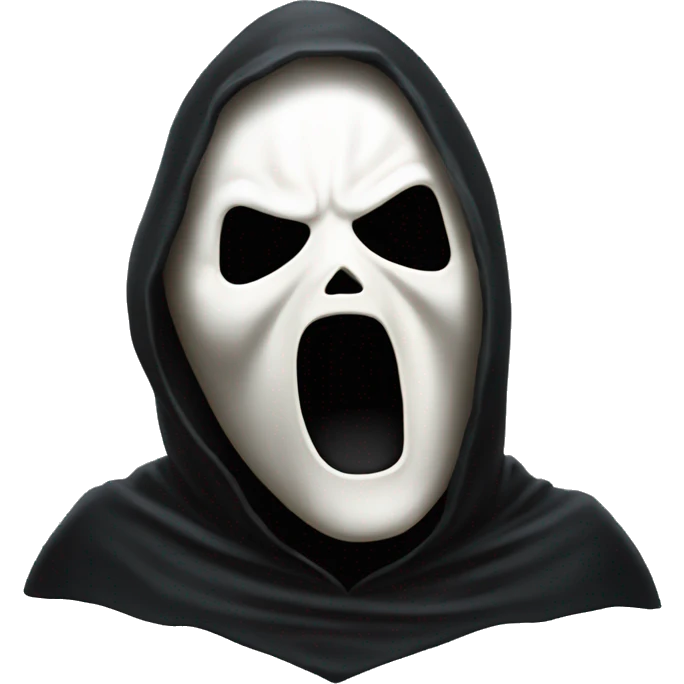 “Apple emoji of Ghostface: white mask with a screaming expression, dark eyes, and a black hooded cloak.” emoji