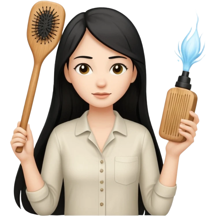 A white woman with long, straight black hair, wearing an ivory-colored shirt, holding a small square wooden paddle hairbrush in her left hand and spraying a hair mist bottle with her right hand toward her hair. emoji