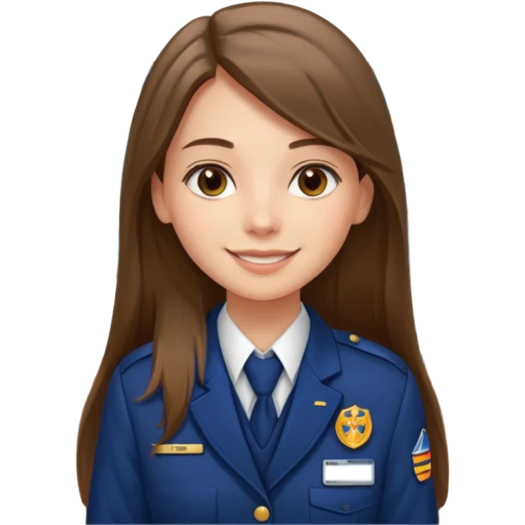 Young girl, long brown straight hair, wearing uniform jacket with hotel name badge, tasteful scarf, stand behind the desk

 emoji