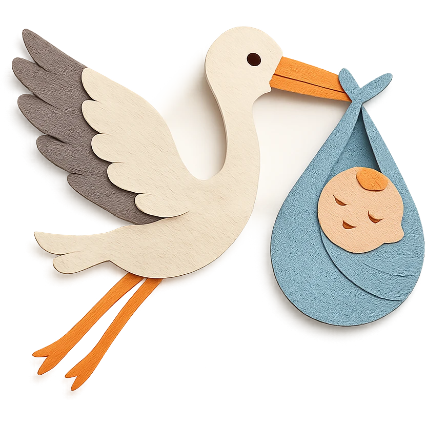 stork flying with a human baby in a bundle, paper craft style emoji