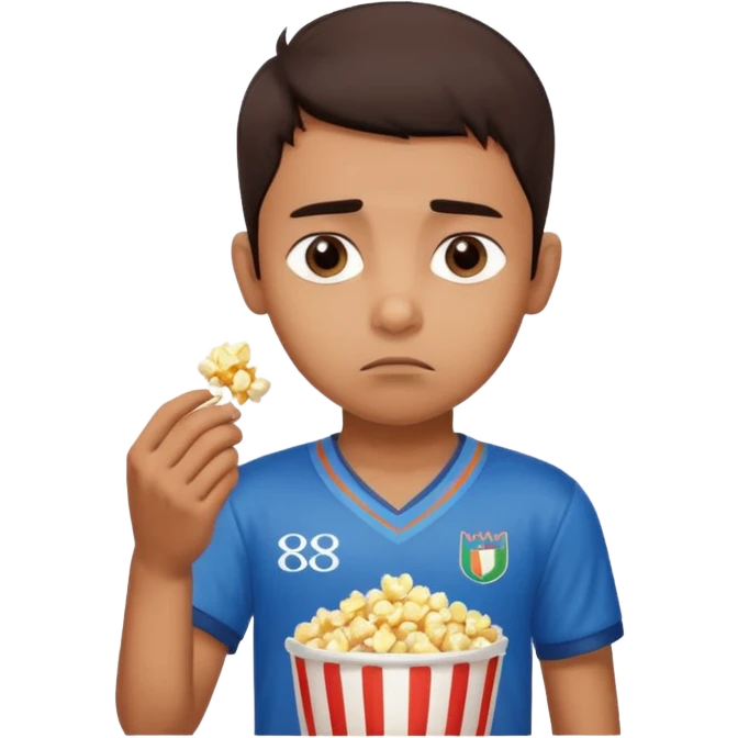 an indian boy wearing indian cricket jersey and eating popcorn and looking sad emoji
