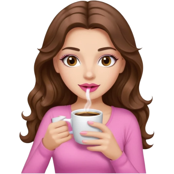 girl with long wavy brown hair, brown eyes, long lashes, pink lips, light to medium complexion, pink sexy top, sipping coffee emoji
