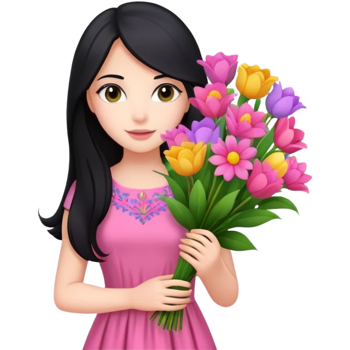 beautiful girl with long black hair, fair skin, wearing pink dress holding a colorful bouquet of flowers emoji