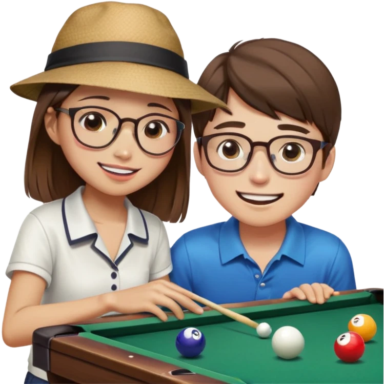 Chinese Girl without glasses and young white man with a hat and glasses brown hair playing table pool, the white man is crying and Chinese girl is smiling  emoji