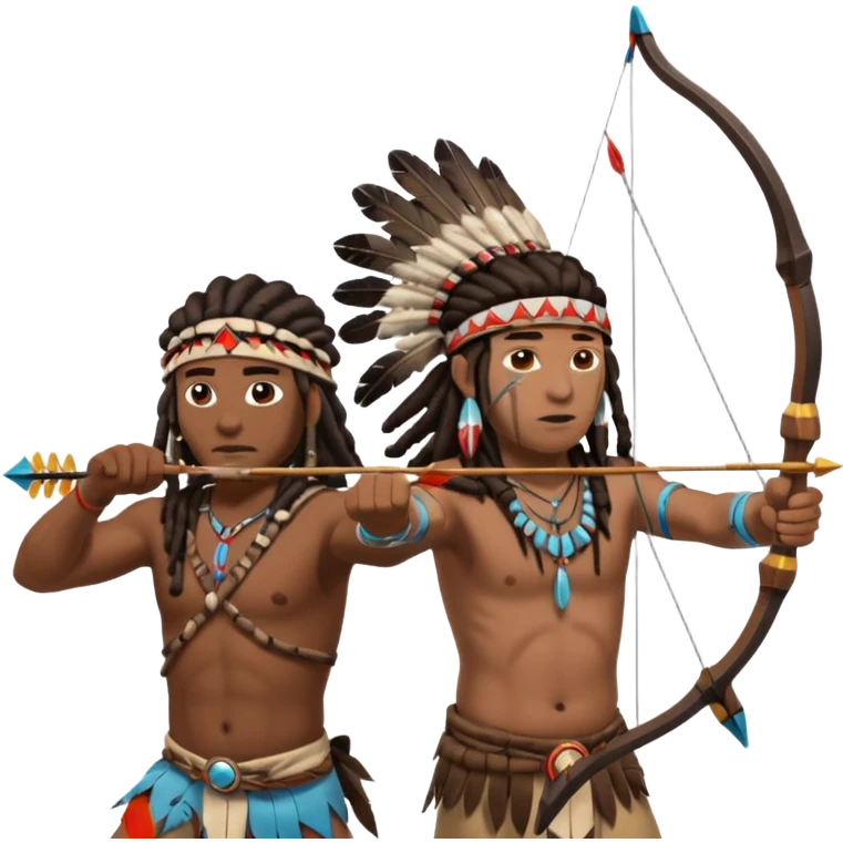 Black American man dark brown with dreads with a American Indian headdress shooting a bow and arrow at a native Indian while they run emoji