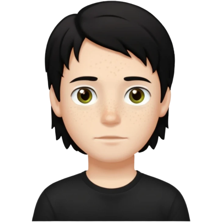 A boy with dark black hair and hazel green and brown eyes and white skin , with freckles and black t shirt with middle part hair hair with a center part emoji