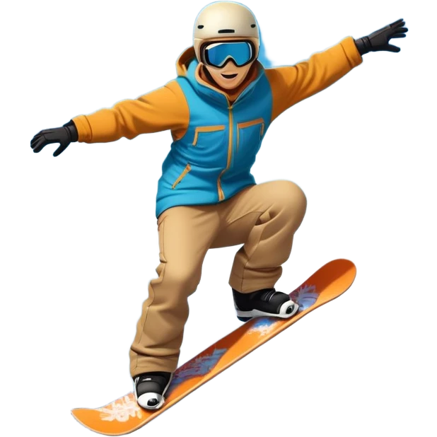 An icon featuring a snowboarder mid-jump, performing a stylish trick above a snowy mountain slope. The background showcases powdery snow, evergreen trees, and a bright blue sky. Transparent background captures the energy, skill, and thrill of snowboarding. emoji